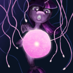 Size: 1280x1280 | Tagged: safe, artist:ricechexwithmilk, imported from derpibooru, twilight sparkle, alicorn, jellyfish, pony, seapony (g4), my little pony: the movie, atg 2021, female, fin wings, fish tail, flowing mane, glow, glowing, horn, newbie artist training grounds, ocean, orb, purple eyes, queen novo's orb, seaponified, seapony twilight, seaquestria, solo, species swap, tail, teeth, tentacles, twilight sparkle (alicorn), underwater, water, wings