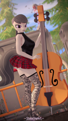 Size: 2160x3840 | Tagged: safe, alternate version, artist:phenioxflame, artist:steamyart, imported from derpibooru, octavia melody, anthro, earth pony, 3d, breasts, busty octavia, busty octavia melody, clothes, commission, double bass, high heels, high res, looking at you, musical instrument, shoes, skirt, socks, solo, source filmmaker, stockings, suit, thigh highs, zettai ryouiki