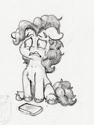Size: 1139x1511 | Tagged: safe, artist:lost marbles, imported from derpibooru, pinkie pie, earth pony, pony, bread, female, food, pencil drawing, solo, solo female, sweat, toast, traditional art
