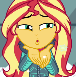 Size: 564x576 | Tagged: safe, imported from derpibooru, screencap, sunset shimmer, equestria girls, equestria girls series, holidays unwrapped, spoiler:eqg series (season 2), :o, blizzard or bust, blowing a kiss, cropped, offscreen character, open mouth, pov, snow, snowflake, solo
