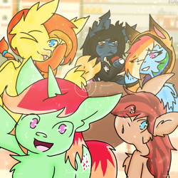 Size: 1000x1000 | Tagged: safe, artist:bunfoxx20studios, imported from derpibooru, rainbow dash, oc, oc:cottonwood kindle, oc:goldenflow, oc:jonin, earth pony, hippogriff, pegasus, pony, undead, unicorn, zombie, camera shot, chest fluff, clothes, commission, drinking through a straw, drop dead clothing, eye clipping through hair, female, hoodie, looking at you, male, mare, oliver sykes, one eye closed, ponified, shirt, smiling, stallion, tattoo, tongue out, wink, ych result