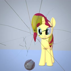 Size: 4000x4000 | Tagged: safe, artist:wissle, imported from derpibooru, sunset shimmer, pony, unicorn, 3d, absurd resolution, atg 2021, baseball, blender, broken glass, female, frown, mare, newbie artist training grounds, oops, scared, simple background, solo, sports