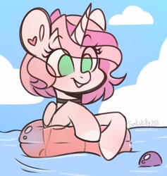 Size: 1830x1930 | Tagged: safe, artist:sakukitty, imported from derpibooru, oc, oc only, oc:saku, alicorn, pony, cute, inner tube, ocean, smiling, solo, water