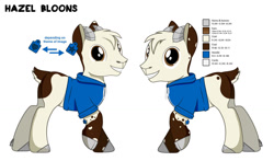 Size: 1280x751 | Tagged: safe, artist:hazel bloons, artist:hazelbloons, imported from derpibooru, oc, oc only, oc:hazel bloons, goat, 2019, brown eyes, brown fur, clothes, ear tag, goat oc, hoodie, horns, looking at you, male, reference sheet, simple background, smiling, solo, text, white fur