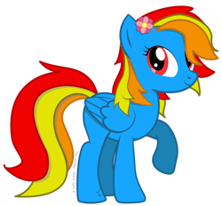 Size: 1280x1186 | Tagged: safe, artist:hazel bloons, artist:hazelbloons, imported from derpibooru, oc, oc only, oc:sunamena, pegasus, pony, derpibooru community collaboration, 2021, 2022 community collab, blue coat, female, flower, flower in hair, lifting leg, mare, multicolored hair, multicolored mane, multicolored tail, pegasus oc, pegasus wings, red eyes, simple background, smiling, solo, tattoo, transparent background, wings