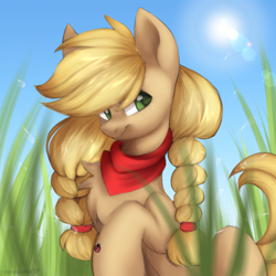 Size: 2200x2200 | Tagged: safe, artist:chickenbrony, artist:cottonaime, imported from derpibooru, applejack, earth pony, pony, alternate hairstyle, high res, smiling, solo