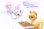 Size: 3000x2000 | Tagged: safe, artist:confetticakez, imported from derpibooru, applejack, oc, oc:confetti cupcake, bat pony, earth pony, pony, worm, applebuck season, atg 2021, baked bads, dialogue, female, food, happy, high res, i'll take your entire stock, mare, muffin, newbie artist training grounds, smiling, this will end in sickness, this will not end well, tired