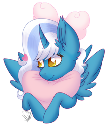 Size: 1280x1509 | Tagged: safe, artist:greenmarta, imported from derpibooru, oc, oc:fleurbelle, alicorn, alicorn oc, bow, ear fluff, female, hair bow, heart, heart pillow, horn, mare, pillow, wings, yellow eyes