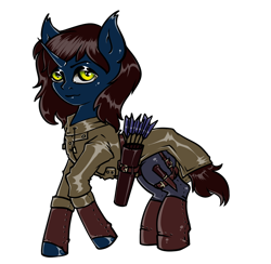 Size: 1054x1029 | Tagged: safe, artist:leastways, imported from derpibooru, oc, oc only, oc:telum, pony, unicorn, fallout equestria, arrow, clothes, coat, commission, fanfic art, female, jacket, knife, leather jacket, long hair, long mane, mare, quiver, simple background, sketch, solo, superhero, superhero costume, transparent background, weapon