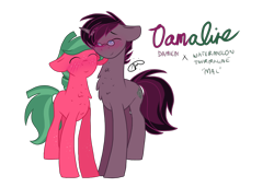 Size: 1900x1300 | Tagged: safe, artist:gallantserver, imported from derpibooru, oc, oc only, oc:damien, oc:watermelon tourmaline, earth pony, pony, unicorn, blushing, chest fluff, floppy ears, freckles, gay, gay couple, horn, male, males only, oc x oc, offspring, offspring shipping, parent:big macintosh, parent:marble pie, parents:marblemac, shipping, simple background, smiling, stallion, transparent background