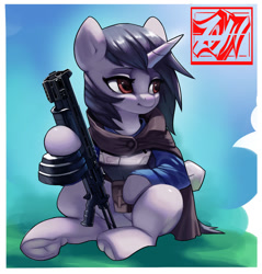 Size: 900x941 | Tagged: safe, artist:theprince, imported from derpibooru, oc, oc only, oc:machine storm, pony, unicorn, frog (hoof), gun, horn, smiling, solo, underhoof, unicorn oc, weapon