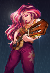 Size: 1309x1907 | Tagged: safe, artist:mandy1412, imported from derpibooru, sunset shimmer, equestria girls, equestria girls series, let it rain, spoiler:eqg series (season 2), acoustic guitar, clothes, cutie mark, cutie mark on clothes, eyes closed, eyeshadow, female, guitar, human coloration, lipstick, makeup, musical instrument, open mouth, pants, playing, rain, sleeveless, solo