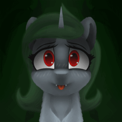 Size: 1024x1024 | Tagged: safe, artist:darbedarmoc, imported from derpibooru, oc, oc only, oc:minerva, pony, unicorn, animated, blushing, cute, ear fluff, eyelashes, fangs, fluffy, gif, looking at you, red eyes, solo, tongue out