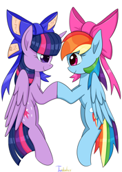 Size: 2480x3507 | Tagged: safe, artist:twidasher, imported from derpibooru, rainbow dash, twilight sparkle, alicorn, pegasus, pony, bow, duo, female, hair bow, high res, lesbian, looking at each other, mare, redraw, shipping, signature, simple background, smiling, smiling at each other, touching hooves, twidash, twilight sparkle (alicorn), white background