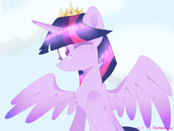 Size: 2886x2165 | Tagged: safe, artist:memengla, imported from derpibooru, twilight sparkle, alicorn, pony, crown, female, high res, jewelry, mare, one eye closed, regalia, sidemouth, simple background, solo, twilight sparkle (alicorn), white background, wink