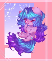 Size: 1400x1650 | Tagged: safe, artist:rainbowmoon2512, imported from derpibooru, izzy moonbow, pony, unicorn, abstract background, chest fluff, chibi, cute, female, g5, hoof fluff, izzybetes, looking at you, one eye closed, solo, tongue out, unshorn fetlocks, wink