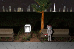 Size: 1280x854 | Tagged: safe, artist:gabro46, imported from derpibooru, oc, oc only, oc:gabro, pony, 3d, 3d model, bench, cellphone, city, cityscape, indonesia, jakarta, lamp, listening to music, night, phone, relaxing, road, sitting, solo, tree