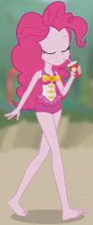 Size: 190x455 | Tagged: safe, imported from derpibooru, screencap, pinkie pie, human, equestria girls, equestria girls series, friendship math, barefoot, clothes, cropped, cup, drink, drinking, eyes closed, feet, one-piece swimsuit, pinkie pie swimsuit, sleeveless, solo, swimsuit, walking