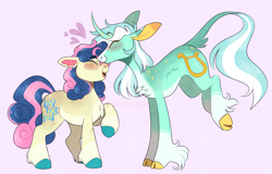 Size: 1924x1228 | Tagged: safe, artist:wanderingpegasus, imported from derpibooru, bon bon, lyra heartstrings, sweetie drops, classical unicorn, earth pony, pony, unicorn, adorabon, blushing, chest fluff, cloven hooves, coat markings, cute, eyes closed, female, fetlock tuft, floating heart, floppy ears, forehead kiss, freckles, heart, height difference, kiss on the head, kissing, leaning forward, leg fluff, leonine tail, lesbian, lyrabetes, lyrabon, mare, markings, open mouth, pale belly, pink background, raised hoof, shipping, simple background, size difference, smiling, socks (coat markings), standing on two hooves, unshorn fetlocks