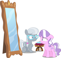 Size: 3161x3000 | Tagged: safe, artist:brony-works, artist:grievousfan, artist:jeatz-axl, artist:misteraibo, artist:parclytaxel, edit, editor:slayerbvc, imported from derpibooru, vector edit, diamond tiara, silver spoon, earth pony, pony, cushion, duo, duo female, female, filly, floppy ears, freckles, glasses, high res, jewelry, lip bite, mirror, missing accessory, necklace, pearl necklace, raised hoof, simple background, stool, tiara, transparent background, vector, wide eyes
