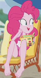 Size: 400x752 | Tagged: safe, imported from derpibooru, screencap, pinkie pie, human, equestria girls, equestria girls series, friendship math, anatomically incorrect, animation error, barefoot, beach chair, chair, clothes, cropped, feet, female, magazine, one-piece swimsuit, pinkie pie swimsuit, sleeveless, solo, swimsuit, they just didn't care, toes