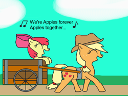 Size: 1000x750 | Tagged: safe, artist:blazewing, imported from derpibooru, apple bloom, applejack, earth pony, pony, pinkie apple pie, apple bloom's bow, applejack's hat, apples to the core, atg 2021, bow, cloud, cowboy hat, dirt road, drawpile, eyes closed, female, grass, hair bow, happy, hat, music notes, newbie artist training grounds, siblings, singing, sisters, sky, smiling, text, wagon