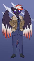 Size: 1500x2667 | Tagged: safe, artist:askavrobishop, imported from derpibooru, oc, oc:bishop, anthro, pegasus, plantigrade anthro, clothes, female, jacket, leather jacket, mare, spread wings, sunglasses, uniform, wings