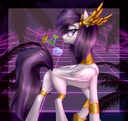 Size: 2175x2053 | Tagged: safe, artist:megabait, imported from derpibooru, oc, oc only, oc:athena (shawn keller), pegasus, pony, alcohol, armor, bracelet, butt, cocktail umbrella, concave belly, crown, dock, female, guardians of pondonia, headdress, high res, jewelry, lime, magic, mare, margarita, necklace, plot, regalia, slim, smiling, solo, thin, wings