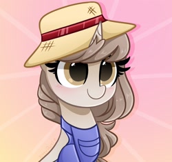 Size: 2048x1929 | Tagged: safe, artist:kittyrosie, imported from derpibooru, oc, oc only, pony, unicorn, clothes, commission, cute, female, hat, horn, icon, mare, ocbetes, overalls, simple background, smiling, solo, unicorn oc