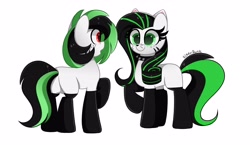 Size: 4096x2370 | Tagged: safe, artist:kittyrosie, imported from derpibooru, oc, oc only, oc:mt dew, earth pony, pony, black socks, cat ears, cat nose, cat stripes, clothes, commission, cute, duo, earth pony oc, green eyes, ocbetes, raised hoof, red eyes, socks, stripes