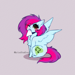 Size: 2000x2000 | Tagged: safe, artist:krissstudios, imported from derpibooru, oc, oc only, oc:emily, pegasus, pony, chibi, eye clipping through hair, eyebrows, eyebrows visible through hair, female, high res, looking at you, mare, mouth hold, napkin, one eye closed, pegasus oc, solo, wink, winking at you