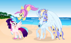 Size: 1024x619 | Tagged: safe, artist:velveagicsentryyt, imported from derpibooru, ocean flow, queen novo, oc, oc:laureate, classical hippogriff, hippogriff, my little pony: the movie, beach, deviantart watermark, female, hippogriff ocean flow, like mother like daughter, like parent like child, mother and child, mother and daughter, obtrusive watermark, show accurate, siblings, sisters, watermark, young, younger