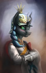 Size: 1605x2550 | Tagged: safe, artist:richmay, imported from derpibooru, queen chrysalis, changeling, changeling queen, equestria at war mod, alternate hairstyle, bust, clothes, fangs, female, flag, helmet, looking at you, military, military uniform, portrait, smiling, solo, uniform