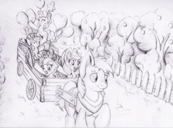 Size: 1400x1038 | Tagged: safe, artist:nedemai, imported from derpibooru, apple bloom, applejack, big macintosh, granny smith, pinkie pie, earth pony, pony, pinkie apple pie, apples to the core, atg 2021, balloon, fence, grayscale, monochrome, newbie artist training grounds, pencil drawing, scene interpretation, traditional art, tree, wagon