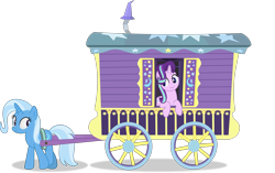 Size: 4906x3080 | Tagged: safe, artist:thatusualguy06, imported from derpibooru, starlight glimmer, trixie, pony, unicorn, road to friendship, atg 2021, duo, duo female, female, mare, newbie artist training grounds, show accurate, simple background, transparent background, trixie's wagon, vector