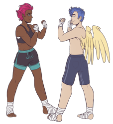 Size: 2900x3200 | Tagged: safe, artist:kikirdcz, imported from derpibooru, flash sentry, tempest shadow, human, barefoot, clothes, commission, dark skin, eye scar, feet, female, high res, humanized, looking at each other, male, male feet, partial nudity, scar, shipping, shorts, simple background, sparring, sports bra, sports shorts, sports tape, straight, tape, tempestsentry, topless, transparent background, winged humanization, wings, wrist tape