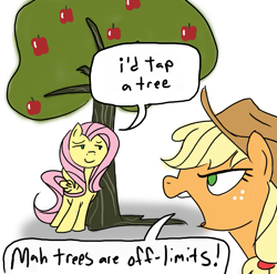 Size: 869x860 | Tagged: safe, artist:grilledcat, imported from derpibooru, applejack, fluttershy, pegasus, pony, angry, apple, apple tree, applejack's hat, cowboy hat, duo, female, food, hat, implied dendrophilia, innuendo, mare, smug, tree