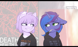 Size: 1697x1037 | Tagged: safe, artist:higgly-chan, imported from derpibooru, oc, oc only, oc:blue monday, oc:mio, earth pony, pony, unicorn, cigarette, clothes, death magic, duo, female, health, health (band), hoodie, horn, nine inch nails, shirt, the fragile, unicorn oc