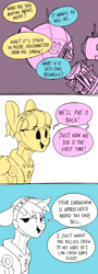 Size: 722x2000 | Tagged: safe, artist:tallaferroxiv, oc, oc only, pegasus, pony, unicorn, 3 panel comic, comic, dialogue, duo, female, floppy ears, horn, limited palette, mare, open mouth, pegasus oc, space, spacesuit, unicorn oc, wings