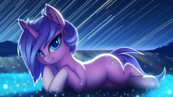 Size: 1920x1080 | Tagged: safe, artist:shydale, oc, oc only, oc:startrail, pony, unicorn, laying on ground, looking at you, lying down, smiling, stars
