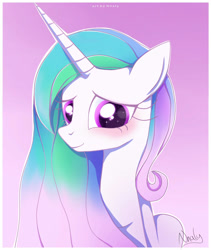 Size: 1024x1211 | Tagged: safe, artist:nnaly, imported from derpibooru, princess celestia, alicorn, pony, blushing, female, gradient background, smiling, solo