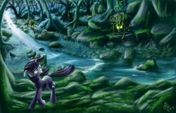 Size: 1118x714 | Tagged: safe, imported from derpibooru, twilight sparkle, pony, timber wolf, unicorn, journey of the spark, chase, concept art, female, forest, mare, teary eyes, unicorn twilight