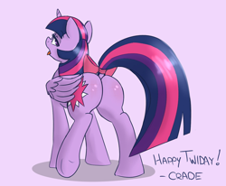 Size: 1280x1056 | Tagged: safe, artist:crade, edit, twilight sparkle, alicorn, pony, bow, butt, dock, female, looking back, mare, plot, solo, solo female, tail bow, tongue out, twibutt, twilight sparkle (alicorn), underhoof