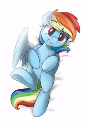 Size: 4961x7016 | Tagged: safe, artist:candylux, edit, rainbow dash, pegasus, pony, absurd resolution, belly button, bellyrubs, cute, dashabetes, female, fluffy, grin, looking at you, lying down, mare, on back, raised eyebrow, smiling, solo, underhoof