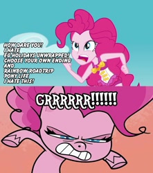 Size: 1656x1877 | Tagged: safe, edit, edited screencap, imported from derpibooru, screencap, pinkie pie, earth pony, human, pony, equestria girls, equestria girls series, forgotten friendship, my little pony: pony life, pie vs. pie, angry, angry pinkie pie, bipedal, choose your own ending drama, clothes, drama, forgotten friendship purist, furious, g4 purist, gritted teeth, grrrr, holidays unwrapped drama, open mouth, pinkie pie is not amused, pinkie pie swimsuit, pony life drama, rage, rainbow roadtrip drama, self ponidox, swimsuit, teeth, unamused