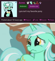 Size: 1186x1310 | Tagged: safe, imported from ponybooru, screencap, lyra heartstrings, pony, unicorn, swarm of the century, crying, meta, moderator, ponybooru, sad