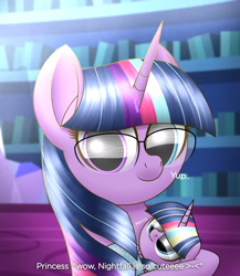 Size: 2000x2300 | Tagged: safe, artist:aryatheeditor, imported from derpibooru, sci-twi, twilight sparkle, oc, pony, unicorn, equestria girls, bookshelf, cute, equestria girls ponified, female, filly, geode of telekinesis, glasses, heterochromia, high res, horn, looking at you, magical geodes, mare, offscreen character, ponified, pov, powerful sparkle, smiling, smiling at you, twiabetes, twilight's castle, unicorn oc, unicorn sci-twi, unicorn twilight