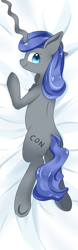 Size: 1600x5120 | Tagged: safe, artist:night liddell, oc:contard, pony, art pack:chinese commission artwork expo, dakimakura cover, looking at you, looking back, looking back at you, lying down, pillow, smiling, vestigial horn