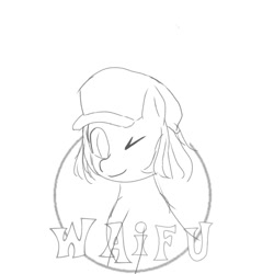 Size: 1080x1080 | Tagged: safe, artist:窦小猫, oc:conpone, pony, art pack:chinese commission artwork expo, hat, looking at you, monochrome, simple background, sketch, smiling