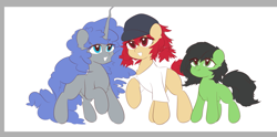 Size: 1333x659 | Tagged: safe, artist:slumber20, oc, oc:conpone, oc:contard, oc:filly anon, earth pony, pony, unicorn, art pack:chinese commission artwork expo, female, filly, open mouth, simple background, smiling